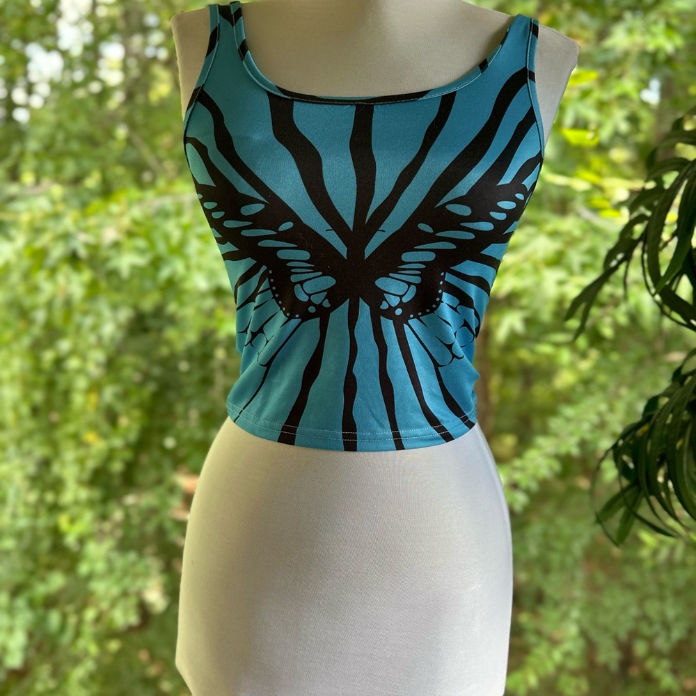 Y2K Blue Butterfly Crop Tank Top XS/S | blue cropped tank top with y2k design